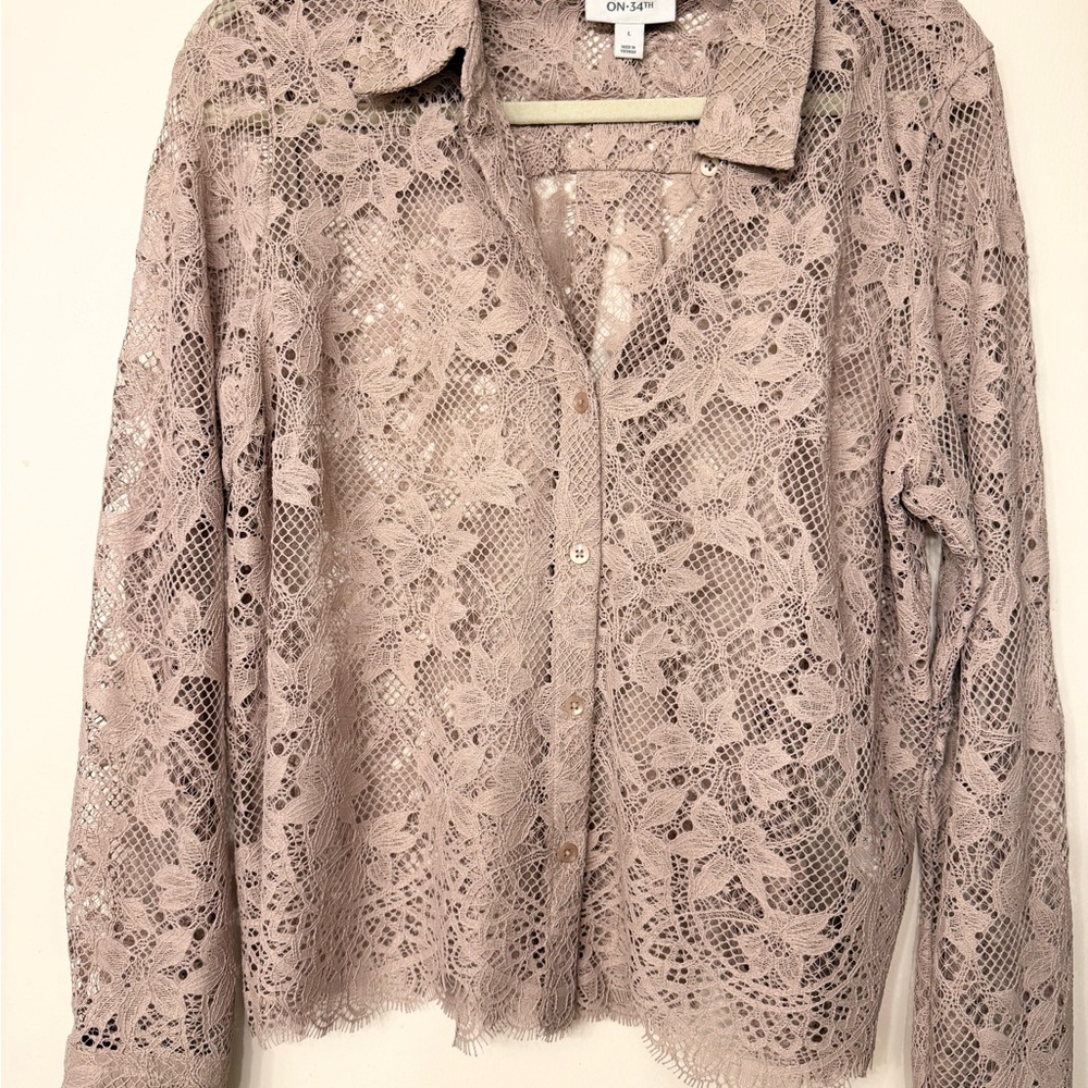 Lace Button-Down Shirt in Soft Beige
